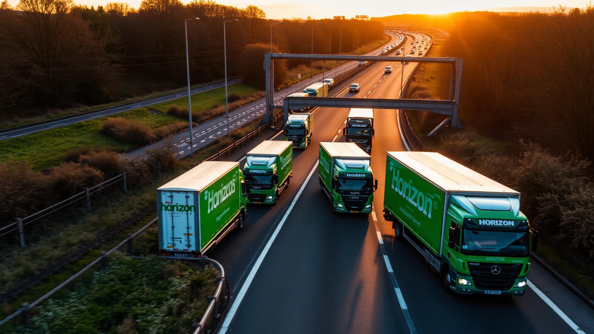 A Horizon Logistics delivery van crossing a UK motorway at golden hour